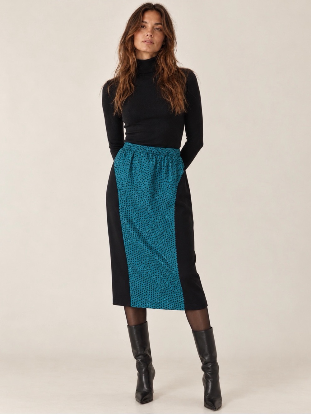 Vintage Marilyn Brooks Teal Black Polka Dot Colorblock Bubble Midi Skirt M/L